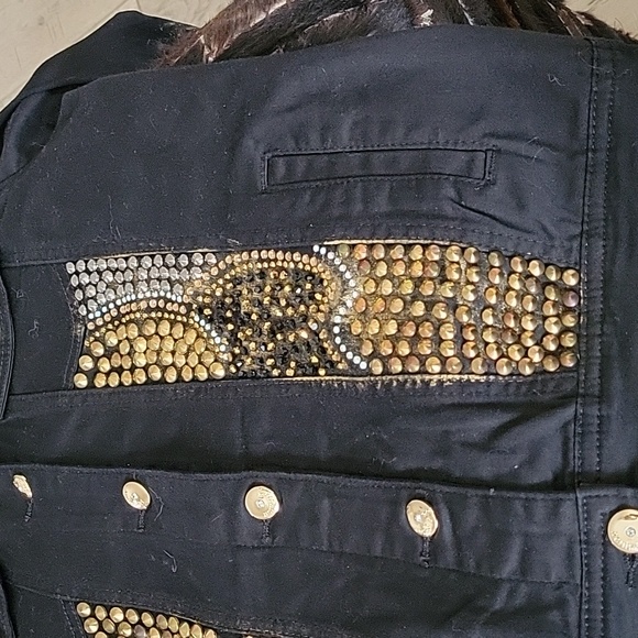 Luxe Moda Black with Gold Paint Rhinstone/Silver and Gold Studded Jean Jacket SM - Picture 13 of 15
